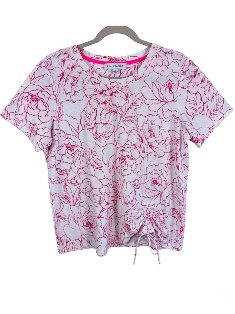 Emily Daniels Womens Large Pink Floral Swiss Dot Short Sleeve Side Cinch Top